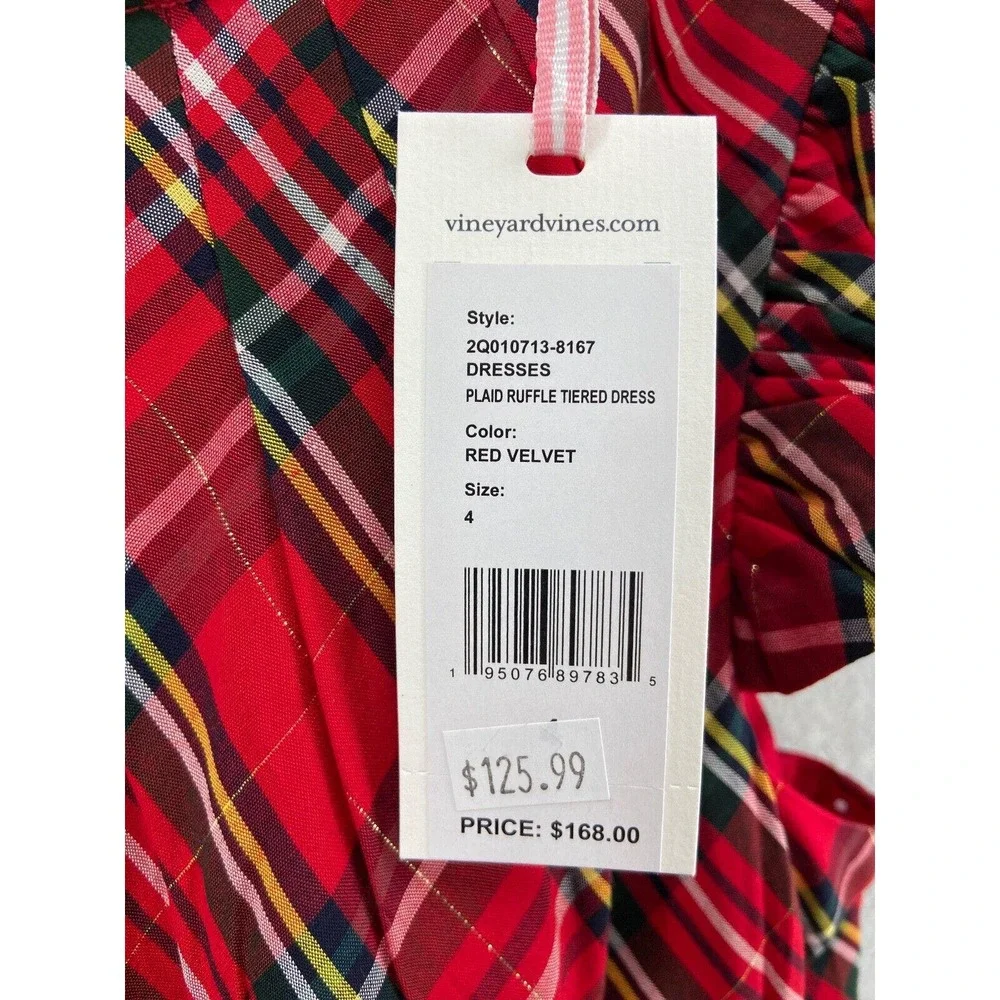 NWT Vineyard Vines Dress Girls Sz 4 Red Tartan Plaid Ruffle Cap Sleeve Midi - Picture 6 of 15